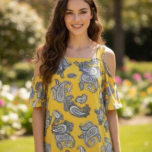 JM Collection M Womens Yellow Paisley Cold Shoulder Top Knit Casual Boho Coastal